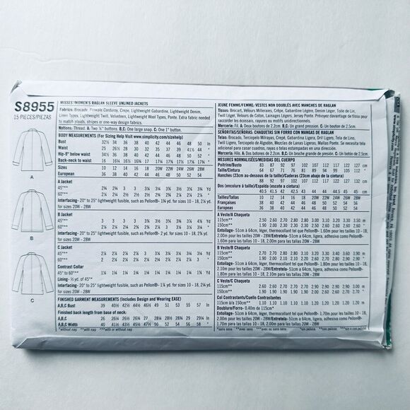 Simplicity 8955 Raglan Sleeve Jacket Side Tie or Button  PLUS SIZE 20W-28W UNCUT - Picture 2 of 2